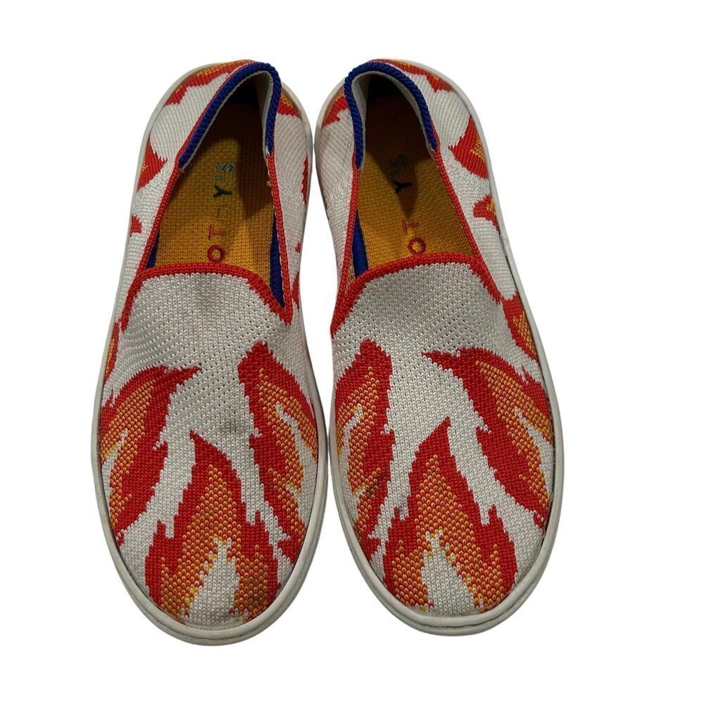 Rothy's Shoes Kids Size 13 White Red Orange Knit Slip On Sneakers Flame Pattern